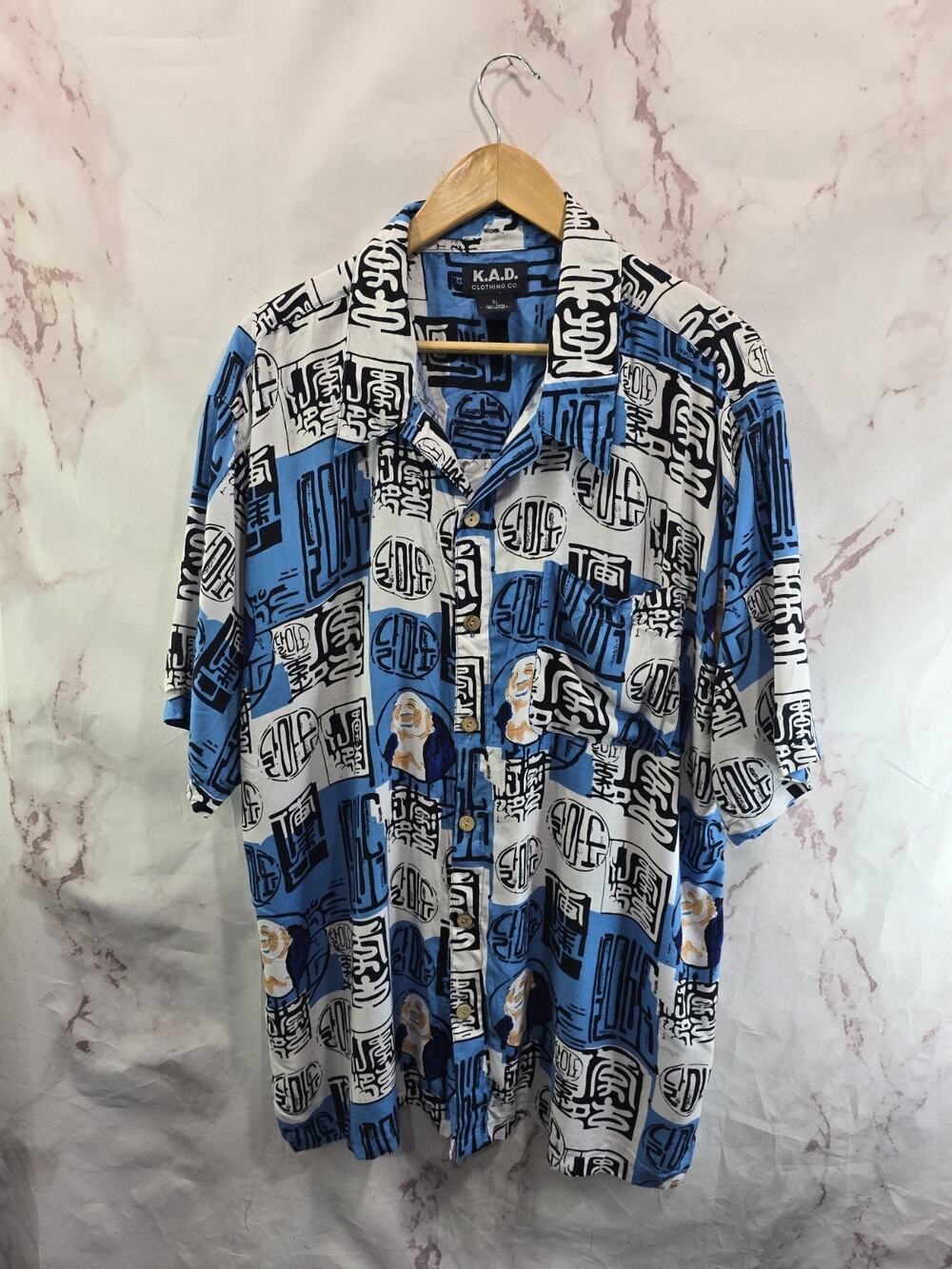 Vintage Shirt Mens XL Button Up Rayon Short Streetwear Buddha Asian Kanji Y2K